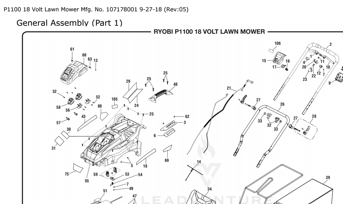 P1100 Ryobi 18 Volt Lawn Mower Parts List
