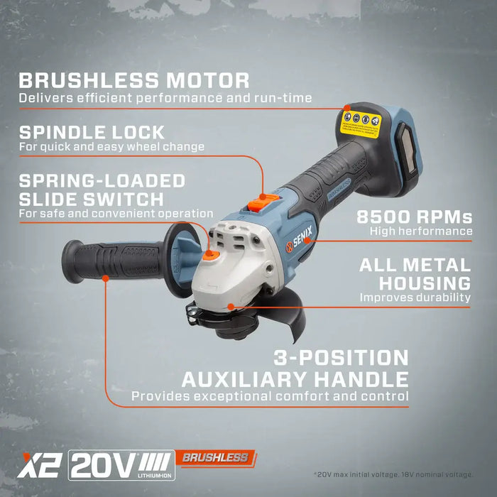 PAX2115-M2-0 Senix 20 Volt Max 4 1/2-Inch Brushless Angle Grinder - Tool Only