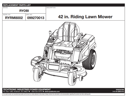 RYRM8002 Parts List for Ryobi 42" Riding Lawn Mower