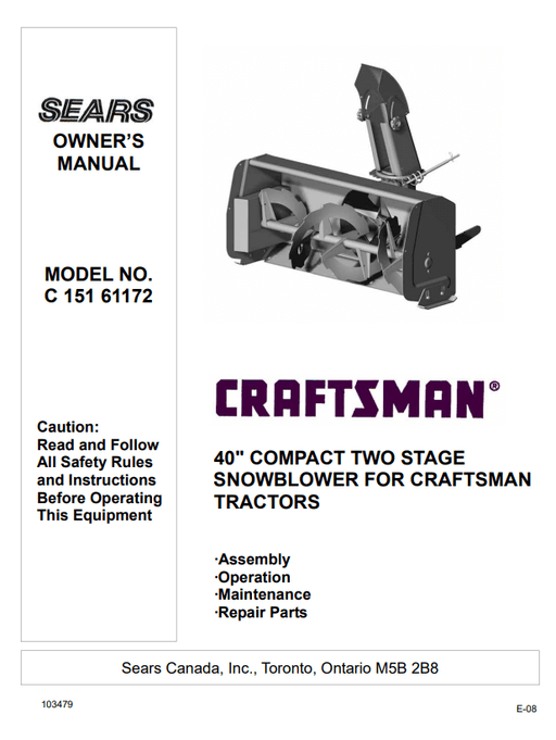 C 151 61172 Manual for 40" Compact Two Stage Snowblower Attachment for Craftsman Snowlower