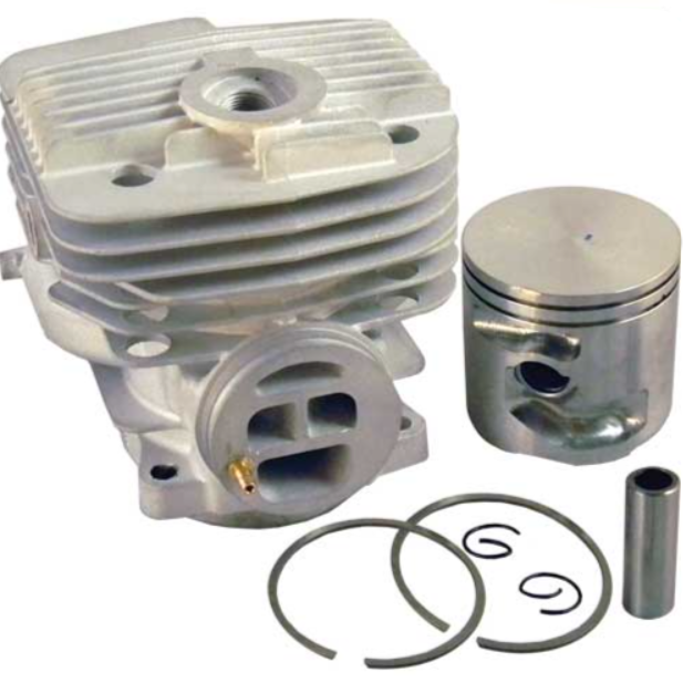 Engine cylinder head, piston, rings, and other components on a white background 