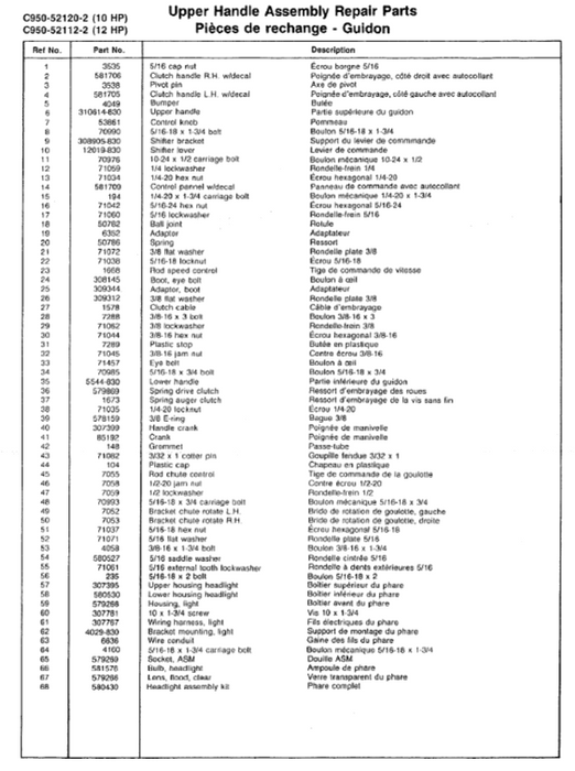 Craftsman Snowblower Parts List for Models C950-52112-1 C950-5211-2 C950-520120-2 C950-140-2