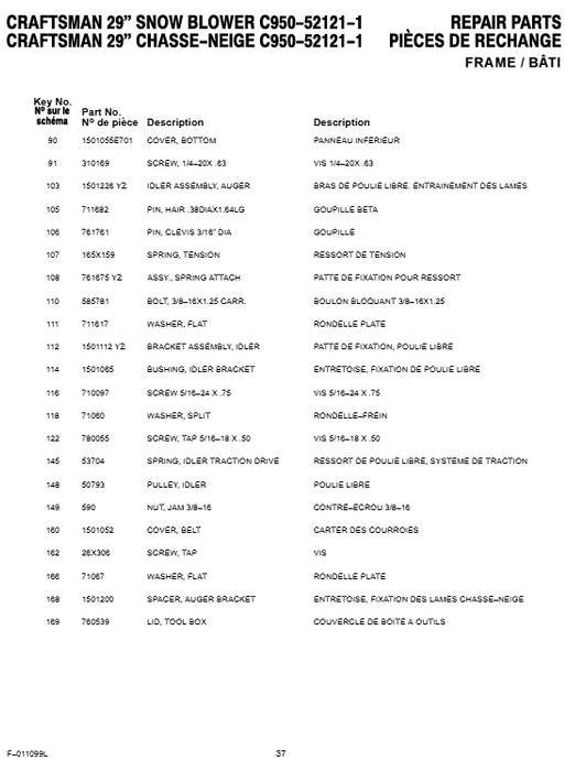 C950-52121-1 Craftsman 29" Snowblower Parts List