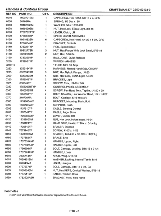 C950-52132-0 Craftsman 27" Snowblower Parts List