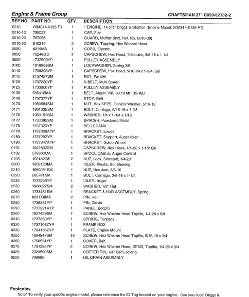 C950-52132-2 Craftsman 27" Snowblower Parts List