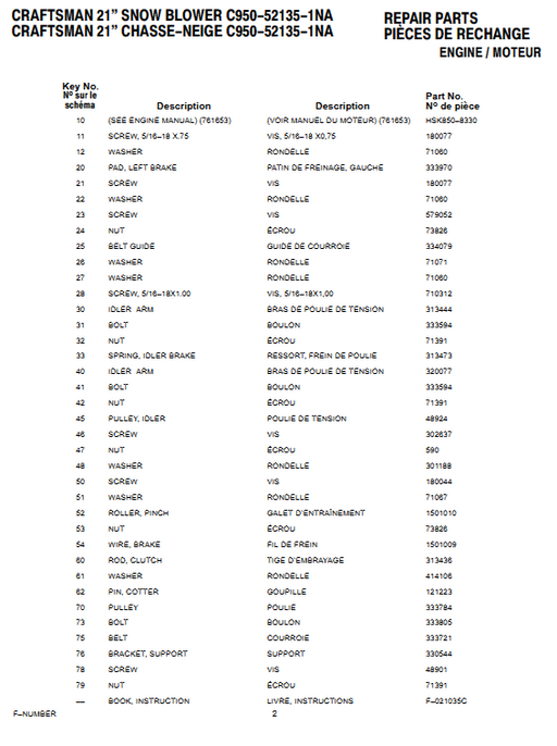 C950-52135-1 Craftsman 21" Snowblower Parts List