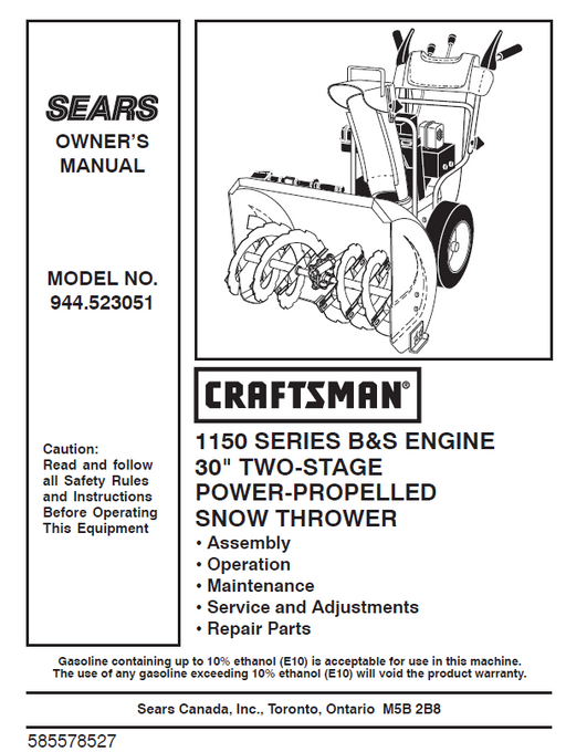 944.523051 Manual for Craftsman 30" Two-Stage Snow Thrower