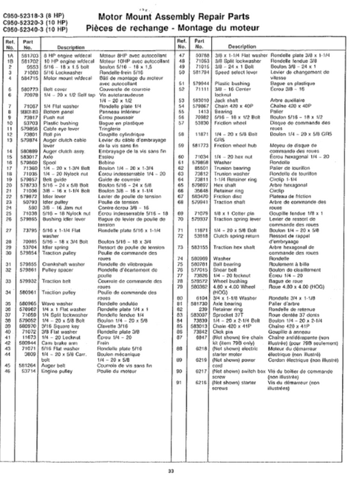 Craftsman Snowblower Parts List for Models C950-52318-3 C950-52320-3 C950-52340-3