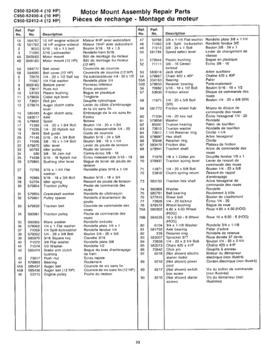 Craftsman Snowblower Parts List for Models C950-52412-4 C950-52430-4 C950-52390-4