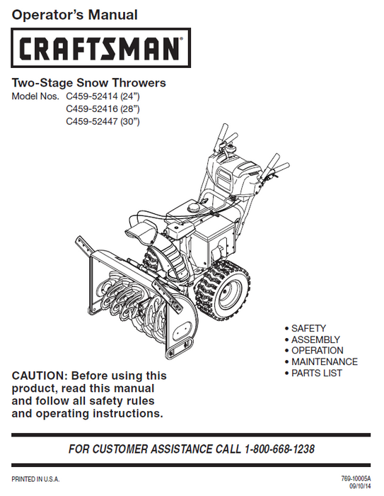 C459-52414 C459-52416 C459-52447 Operators Manual for Craftsman Snow Throwers