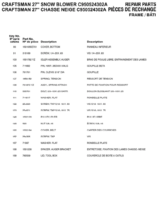 C950-52430-2 Craftsman 27" Snowblower Parts List