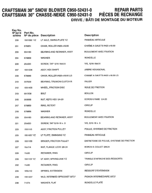 C950-52431-0 Craftsman 30" Snowblower Parts List