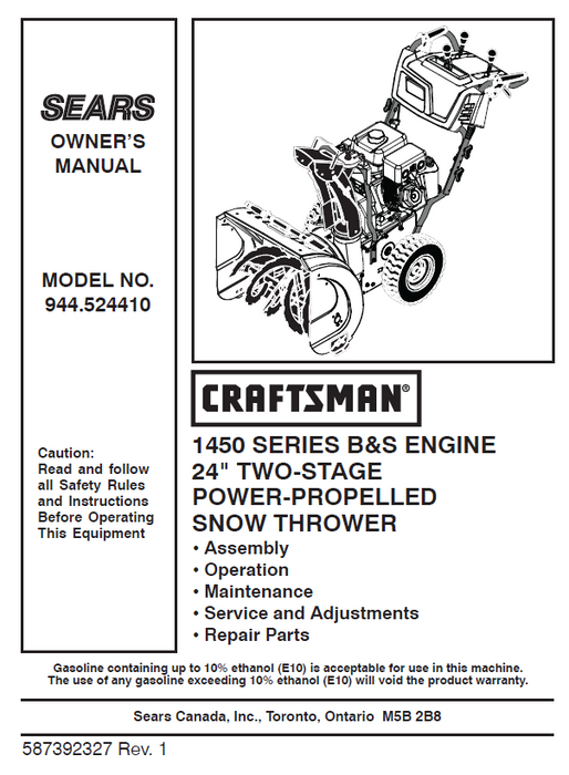 944.524410 Manual for Craftsman 24" Two-Stage Snow Thrower