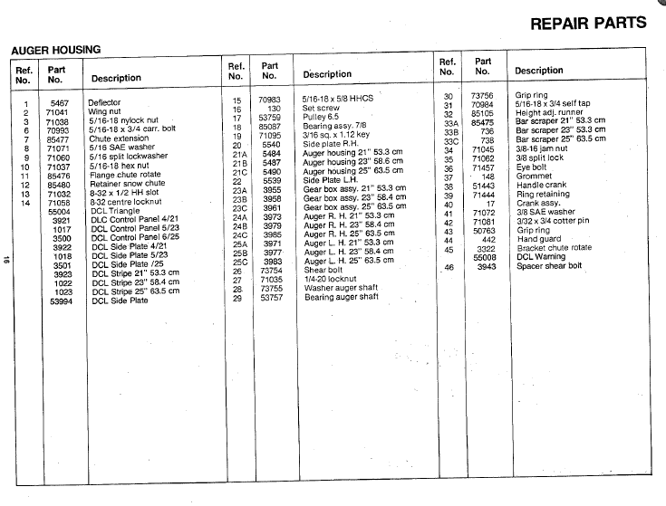 Craftsman Snowblower Parts List for Models C950-52474-5 C950-52475-5 C950-52477-5