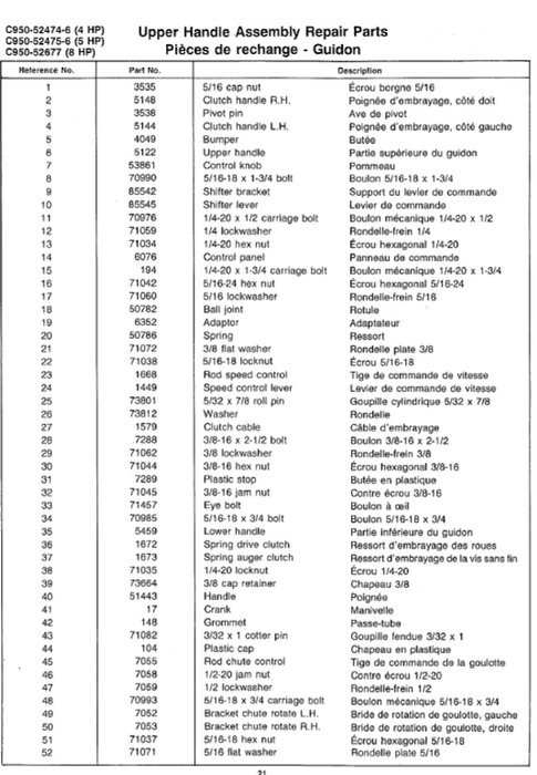 Craftsman Snowblower Part List for Models C950-52474-6 C950-52475-6 C950-52677-7