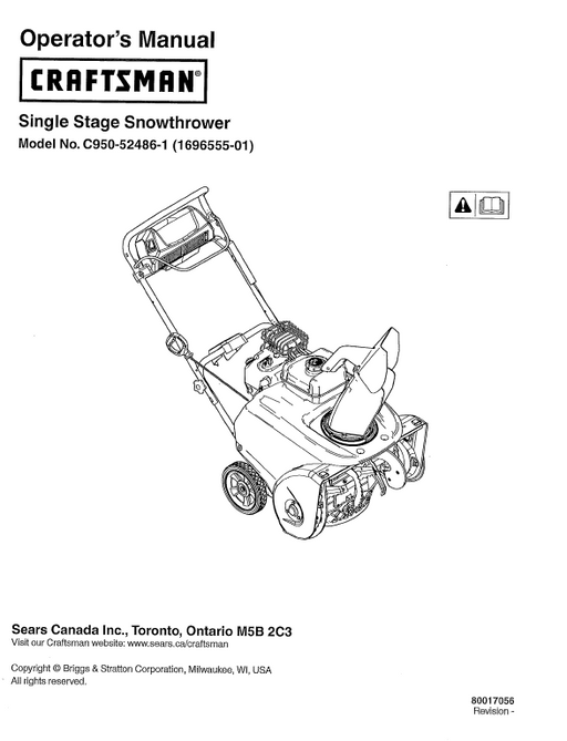 C950-52486-1 Manual for Craftsman Single Stage Snow Thrower