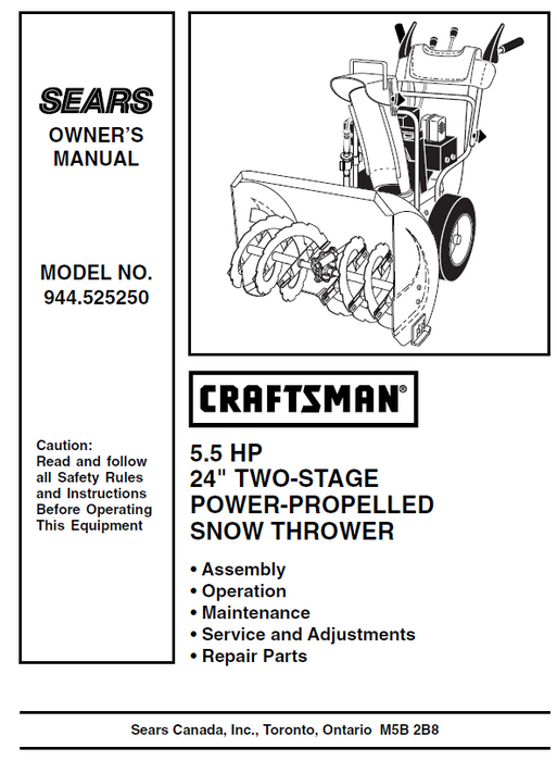 944.525250 Manual for Craftsman 24" Two-Stage Snow Thrower