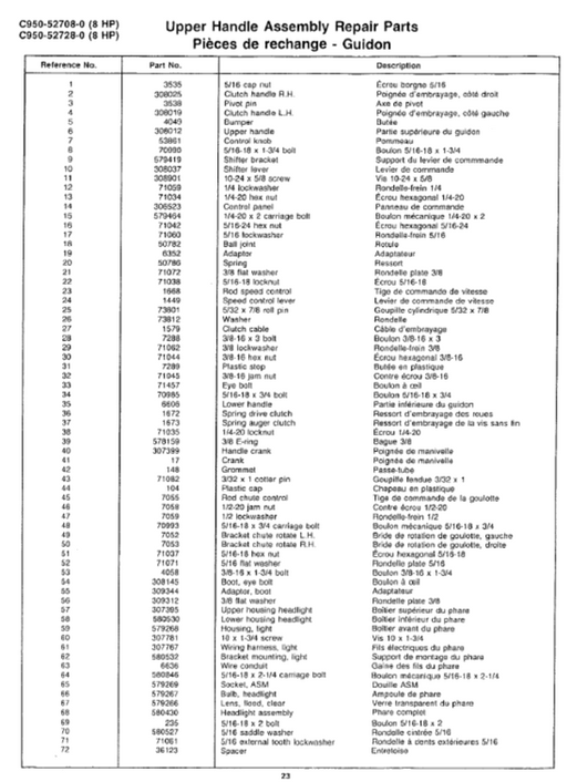 Craftsman Snowblower Part List for Models C950-52708-0 C950-52728-0