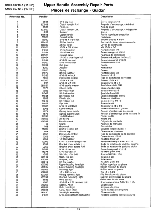 Craftsman Snowblower Part Lists for Models C950-52710-0 C950-52712-0