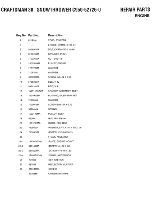 C950-52726-0 Craftsman 30" Snowblower Parts List