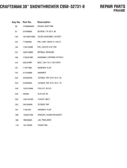 C950-52731-0 Craftsman 30" Snowblower Parts List