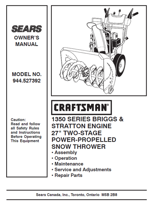 944.527392 Manual for Craftsman 27" Two-Stage Snow Thrower