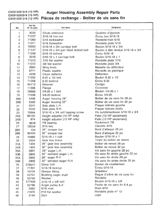 Craftsman Snowblower Parts List for Models C950-52810-9 C950-52812-9 C950-52920-9