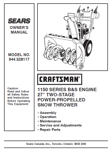 944.528117 Manual for Craftsman 27" Two-Stage Snow Thrower