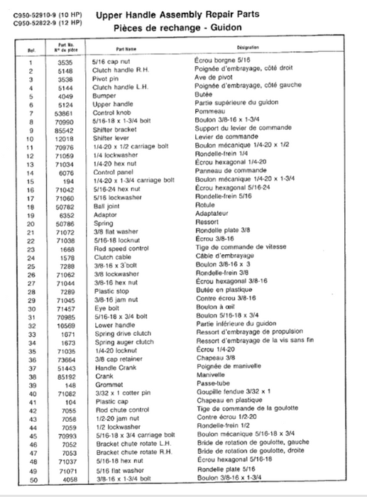 Craftsman Snowblower Parts List for Models C950-52822-9 C950-52910-9