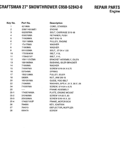 C950-52843-0 Craftsman 27" Snow Thrower Parts List