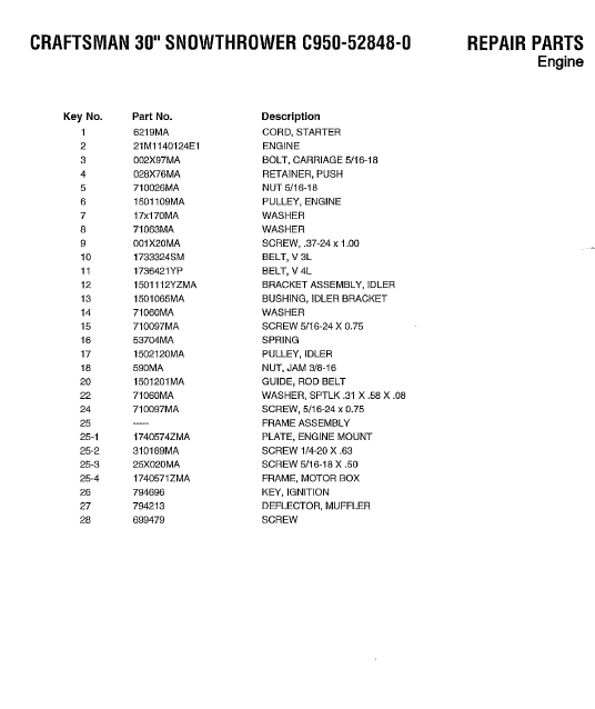 C950-52848-0 Craftsman 30" Snow Thrower Parts List