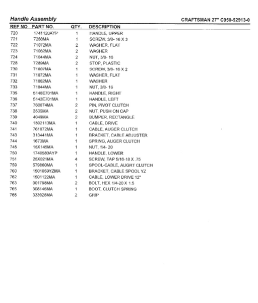 C950-52913-0 Craftsman 27" Snowblower Parts List