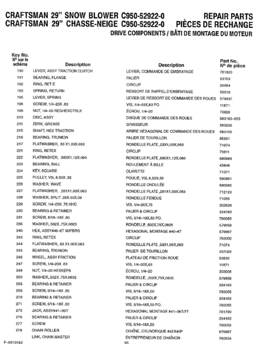 C950-52922-0 Craftsman 29" Snowblower Parts List