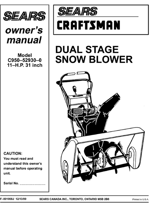 C950-52930-0 Craftsman 31" Snowblower Parts List