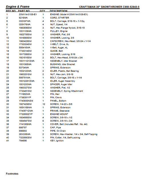 C950-52948-0 Craftsman 30" Snowblower Parts List