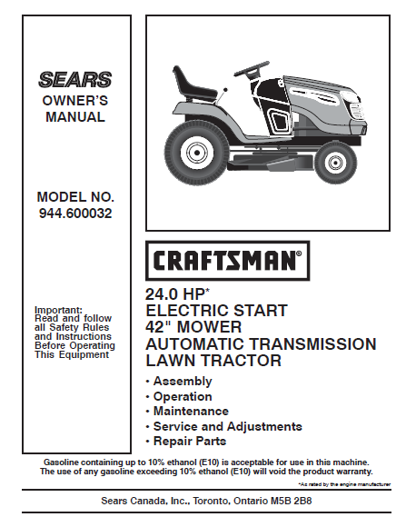 944.600032 Manual for Craftsman 24.0 HP 42" Lawn Tractor