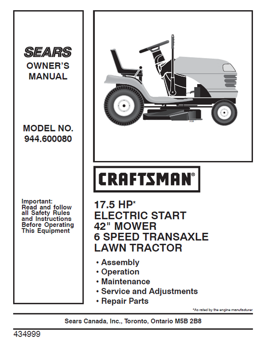 944.600080 Manual for Craftsman 17.5 HP 42" Lawn Tractor