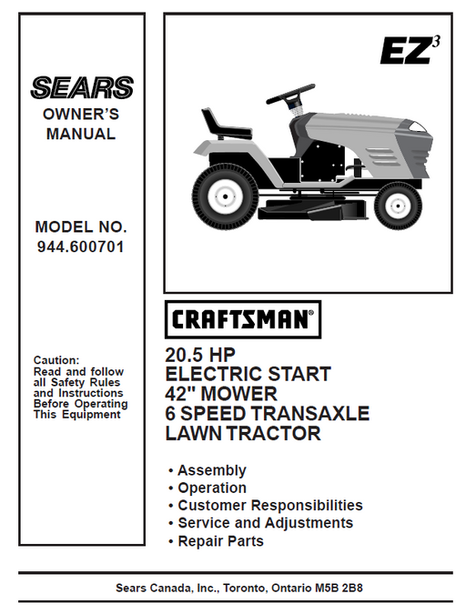 944.600701 Manual for Craftsman 20.5 HP 42" Lawn Tractor