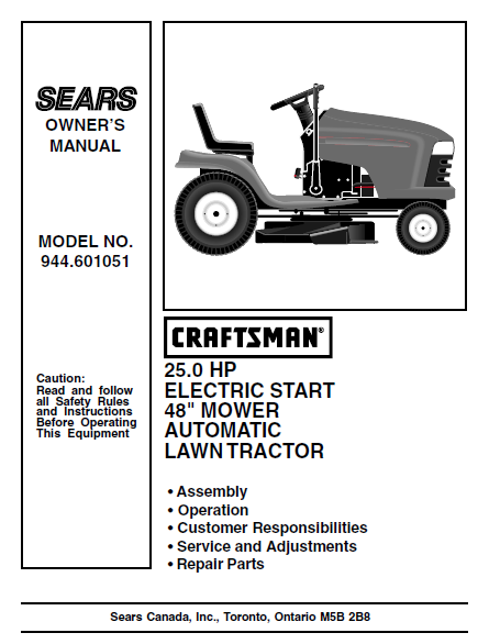 944.601051 Manual for Craftsman 25.0 HP 48" Lawn Tractor