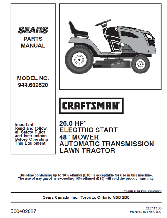 944.602820 Manual for Craftsman 26.0 HP 48" Lawn Tractor