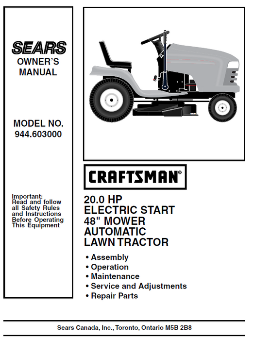 944.603000 Manual for Craftsman 20.0 HP 48“ Lawn Tractor