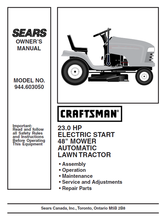 944.603050 Manual for Craftsman 23.0 HP 48“ Lawn Tractor