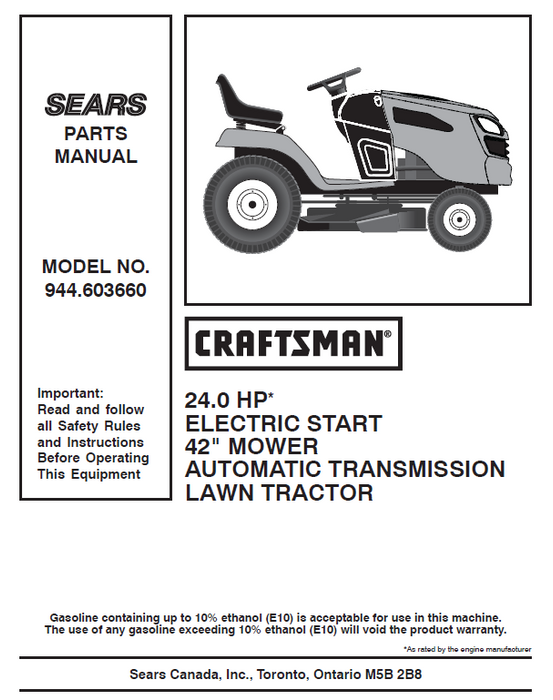 944.603660 Manual for Craftsman 24.0 HP 42" Lawn Tractor