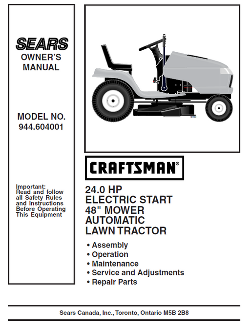 944.604001 Manual for Craftsman 24.0 HP 48" Lawn Tractor