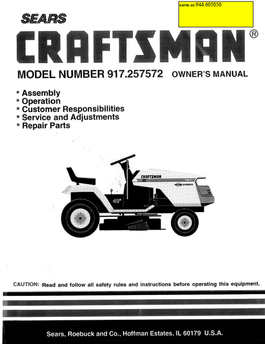 944.605050 Manual for Craftsman 15 HP 42" Lawn Tractor 917.257572