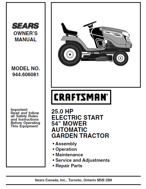 944.606081 Manual for Craftsman 25.0 HP 54" Garden Tractor