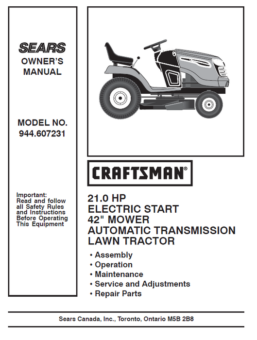 944.607231 Manual for Craftsman 21.0 HP 42" Lawn Tractor