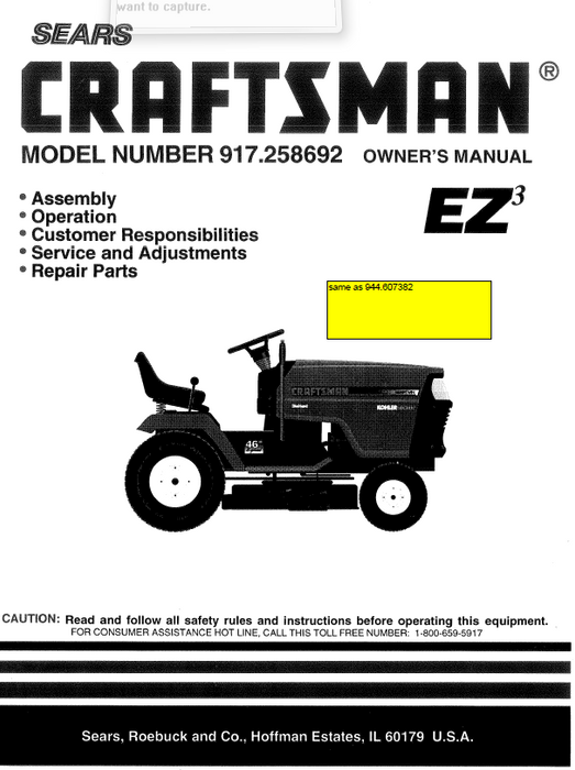 917.258692 Manual for Craftsman 18.0 HP Lawn Tractor 944.607382