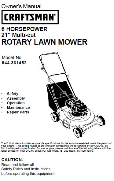 944.361452 Manual for Craftsman 21" Multi-Cut Lawn Mower