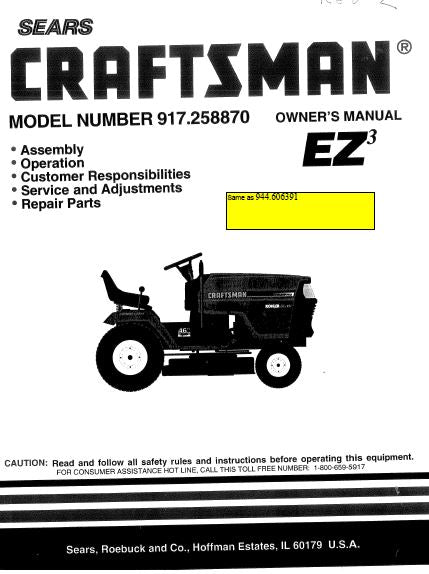 944.606391 Manual for Craftsman Lawn Tractor 46" with Kohler MV18S Engine